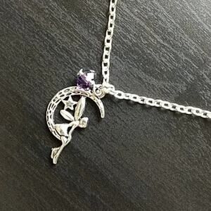 Anklet, Silver Fairy Moon purple bead 12" new old stock fashion jewelry